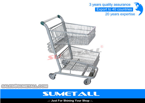 China Metalldoppelter Korb-Einkaufswagen, 2 Korb-Einkaufslaufkatze für Supermarkt fournisseur