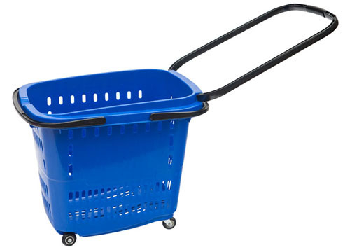 China Blauer 55L Einkaufskorb mit Rädern für Lebensmittelgeschäft, 4 drehen Einkaufskörbe mit Griffen fournisseur