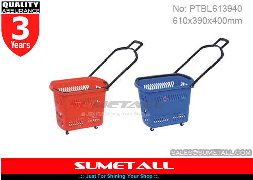 China Rot/Blau 45 Liter Plastikeinkaufskorb mit Rädern für Supermarkt rollend fournisseur