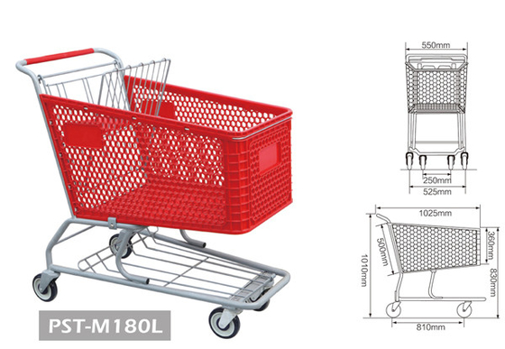 China PST-M180L rote Farbsupermarkteinkaufenlaufkatze mit vier Einkaufswagen der Räder 180L für Gemischtwarenladen fournisseur